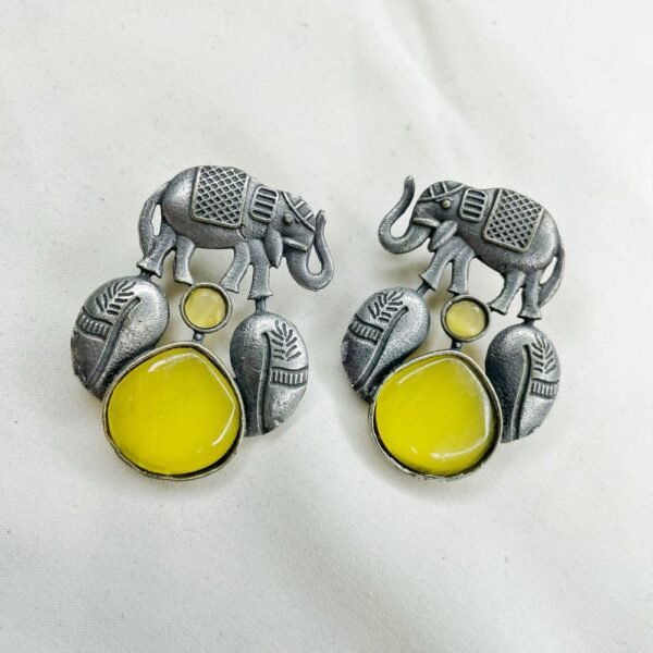 Oxidised Elephant Motif Drop Earrings, oxidised earrings, silver replica earrings, monalisa yellow stone earrings,