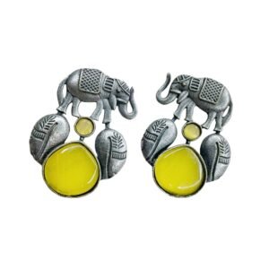 Oxidised Elephant Motif Drop Earrings, oxidised earrings, silver replica earrings, monalisa yellow stone earrings,