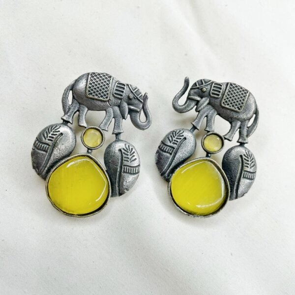 Oxidised Elephant Motif Drop Earrings, oxidised earrings, silver replica earrings, monalisa yellow stone earrings,