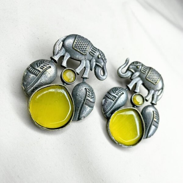 Oxidised Elephant Motif Drop Earrings, oxidised earrings, silver replica earrings, monalisa yellow stone earrings,