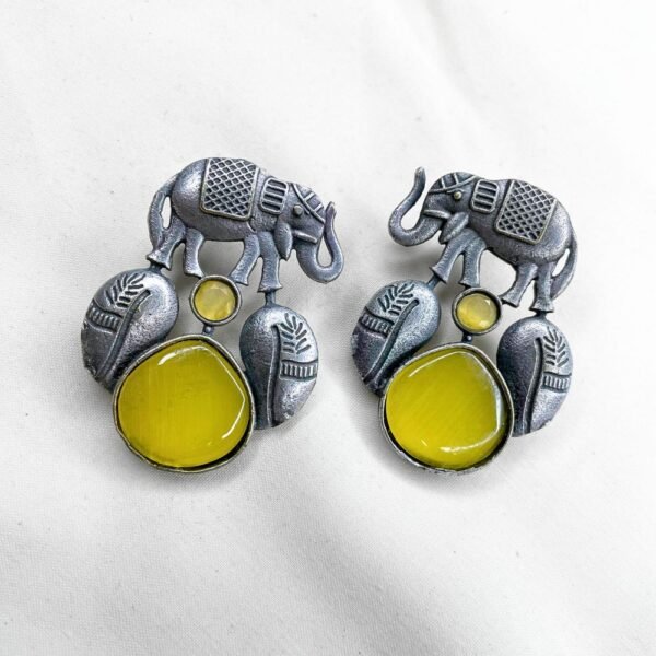 Oxidised Elephant Motif Drop Earrings, oxidised earrings, silver replica earrings, monalisa yellow stone earrings,