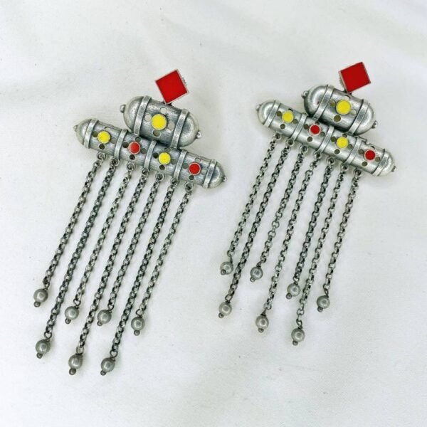 red and yellow meenakari oxidised earrings, long chain dangler earrings, long earrings, oxidised jewellery,