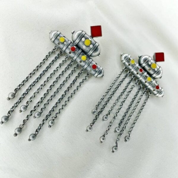 red and yellow meenakari oxidised earrings, long chain dangler earrings, long earrings, oxidised jewellery,