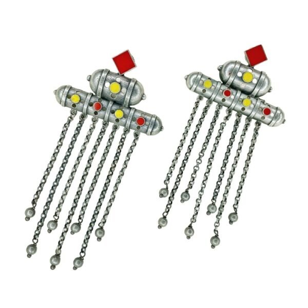 red and yellow meenakari oxidised earrings, long chain dangler earrings, long earrings, oxidised jewellery,