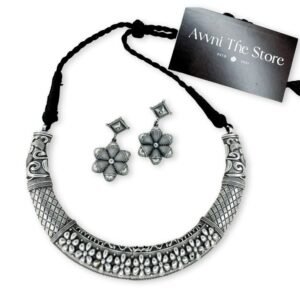 Rustic Bloom Oxidised Hasli Necklace Set, hasli set, hasli choker set, hasli necklace set, floral hasli