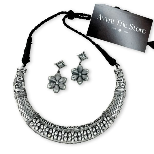Rustic Bloom Oxidised Hasli Necklace Set, hasli set, hasli choker set, hasli necklace set, floral hasli
