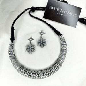 Rustic Bloom Oxidised Hasli Necklace Set, hasli set, hasli choker set, hasli necklace set, floral hasli