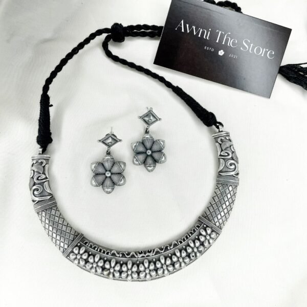 Rustic Bloom Oxidised Hasli Necklace Set, hasli set, hasli choker set, hasli necklace set, floral hasli