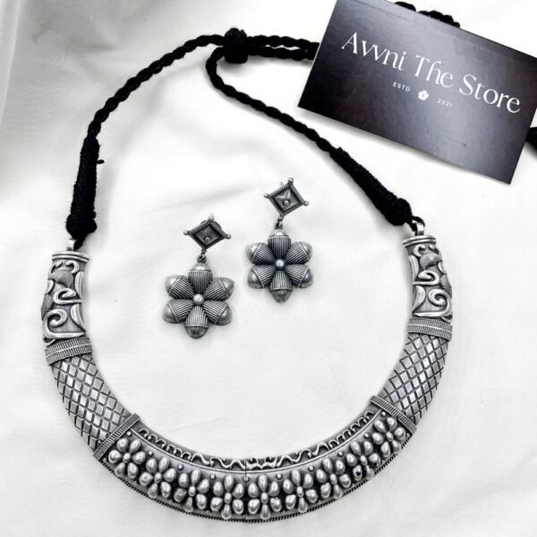 Rustic Bloom Oxidised Hasli Necklace Set, hasli set, hasli choker set, hasli necklace set, floral hasli