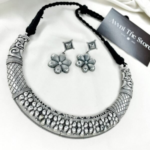 Rustic Bloom Oxidised Hasli Necklace Set, hasli set, hasli choker set, hasli necklace set, floral hasli