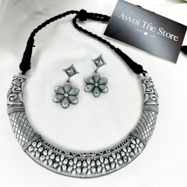 Rustic Bloom Oxidised Hasli Necklace Set, hasli set, hasli choker set, hasli necklace set, floral hasli