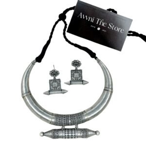 Rustic Tribal Heritage Oxidised Hasli Set, Oxidised silver tribal Hasli necklace set with single engraved pendant and matching ethnic earrings by Avni The Store