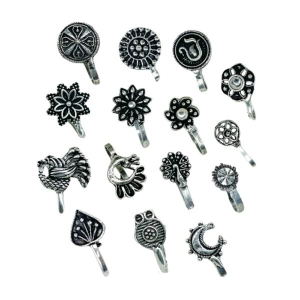 oxidised nose pins, oxidised nose pins combo, nose pins set, non-pierced nose pins, nose clip ons, 15 nose pins, set of 15 nose pins