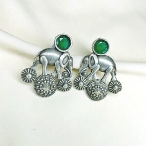 royal elephant oxidised earrings with green moissanite monalisa stone