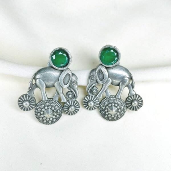 royal elephant oxidised earrings with green moissanite monalisa stone