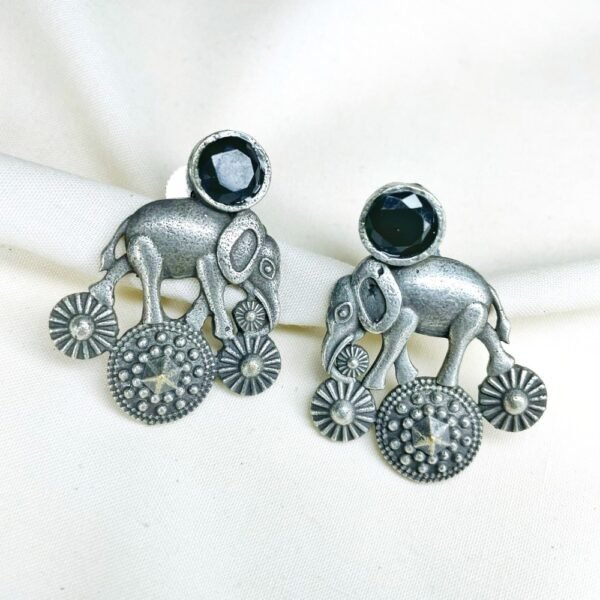 royal elephant oxidised earrings with black moissanite monalisa stone
