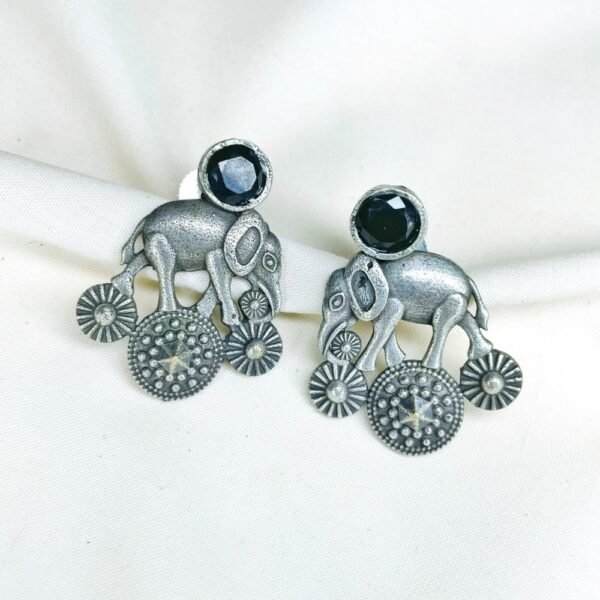 royal elephant oxidised earrings with black moissanite monalisa stone