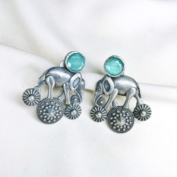 royal elephant oxidised earrings with mint light blue moissanite monalisa stone