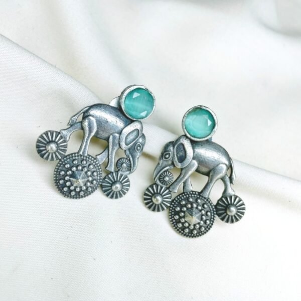 royal elephant oxidised earrings with mint light blue moissanite monalisa stone
