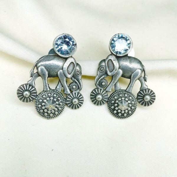 royal elephant oxidised earrings with clear transparent moissanite monalisa stone