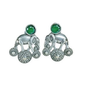 royal elephant oxidised earrings with green moissanite monalisa stone