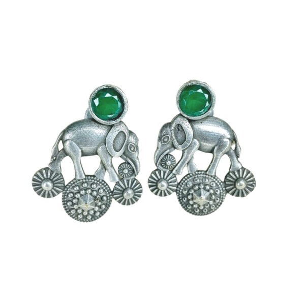 royal elephant oxidised earrings with green moissanite monalisa stone