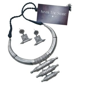 Long Oxidised Hasli Set, Tribal oxidised silver replica Hasli necklace set with engraved cylindrical pendants and matching ethnic earrings by Avni The Store