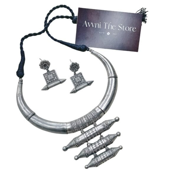 Long Oxidised Hasli Set, Tribal oxidised silver replica Hasli necklace set with engraved cylindrical pendants and matching ethnic earrings by Avni The Store