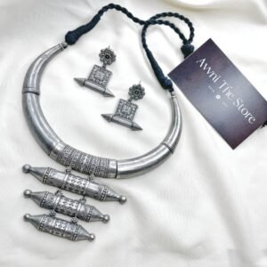 Long Oxidised Hasli Set, Tribal oxidised silver replica Hasli necklace set with engraved cylindrical pendants and matching ethnic earrings by Avni The Store