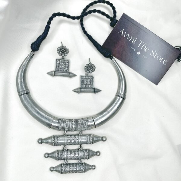 Long Oxidised Hasli Set, Tribal oxidised silver replica Hasli necklace set with engraved cylindrical pendants and matching ethnic earrings by Avni The Store