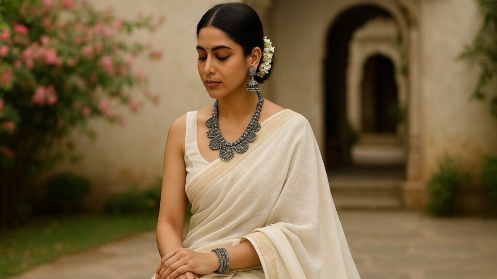 Which Colours Complement Oxidised Jewellery? | Avvni The Store jewellery ideas for a white saree, Young Indian woman in a white khadi linen saree wearing oxidised silver jewellery, standing in a sunlit courtyard with soft floral surroundings and traditional terracotta architecture.