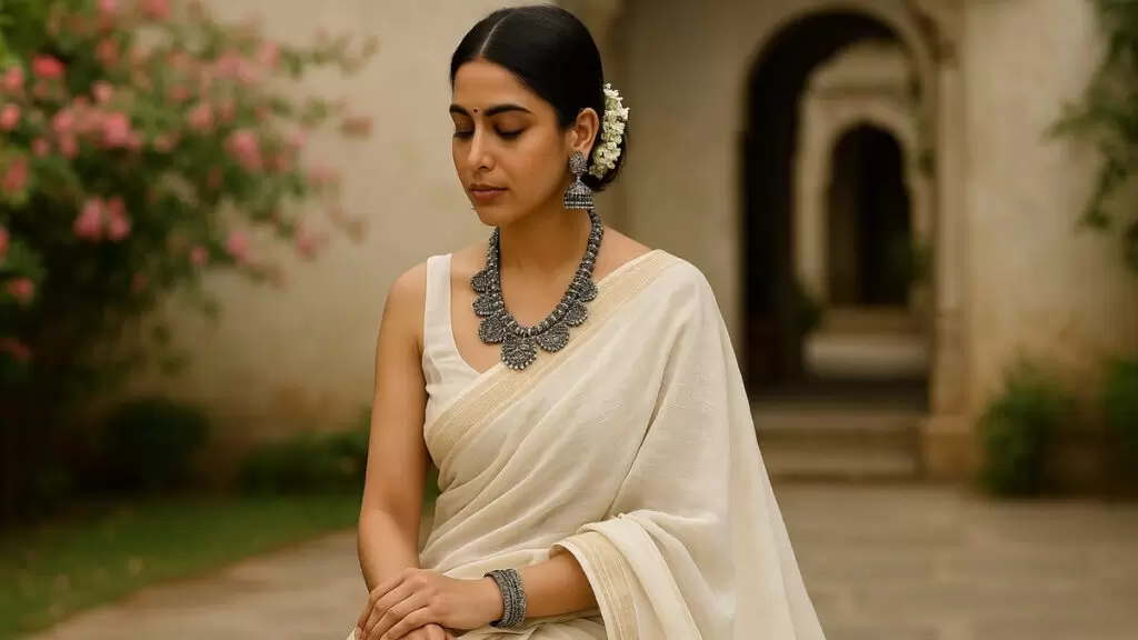 jewellery ideas for a white saree, Young Indian woman in a white khadi linen saree wearing oxidised silver jewellery, standing in a sunlit courtyard with soft floral surroundings and traditional terracotta architecture.