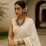 jewellery ideas for a white saree, Young Indian woman in a white khadi linen saree wearing oxidised silver jewellery, standing in a sunlit courtyard with soft floral surroundings and traditional terracotta architecture.
