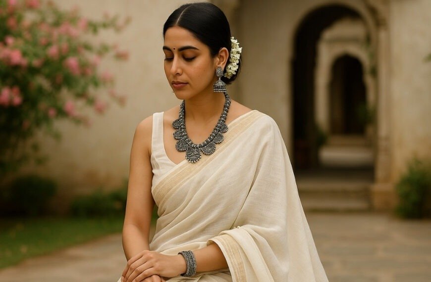 jewellery ideas for a white saree, Young Indian woman in a white khadi linen saree wearing oxidised silver jewellery, standing in a sunlit courtyard with soft floral surroundings and traditional terracotta architecture.