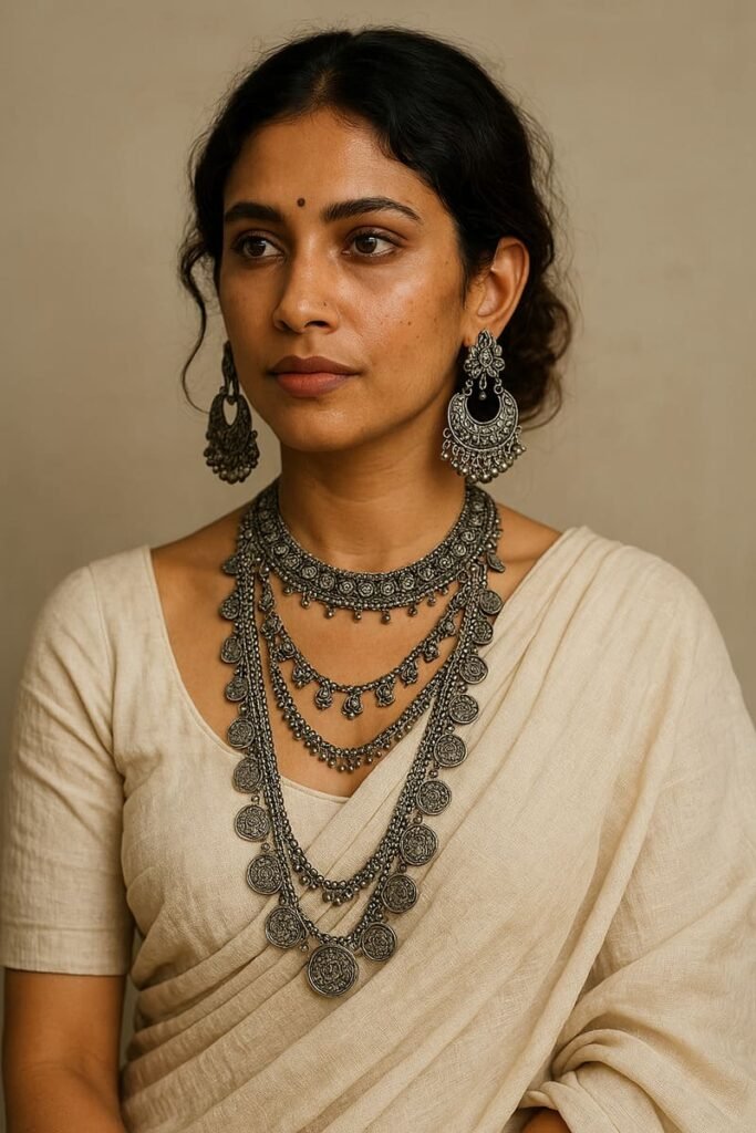 Which Colours Complement Oxidised Jewellery? | Avvni The Store Oxidised Jewellery With Cotton Saree, oxidised layered jewellery with cotton white saree, jewellery ideas for a white saree