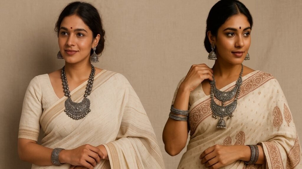 oxidised jewellery with-cotton saree, women wearing off-white and beige cotton sarees styled with traditional oxidised silver jewellery, including jhumkas, statement necklaces, and bangles, creating a boho ethnic look.