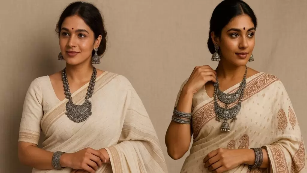oxidised jewellery with-cotton saree, women wearing off-white and beige cotton sarees styled with traditional oxidised silver jewellery, including jhumkas, statement necklaces, and bangles, creating a boho ethnic look.