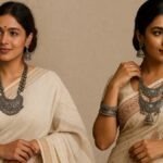 oxidised jewellery with-cotton saree, women wearing off-white and beige cotton sarees styled with traditional oxidised silver jewellery, including jhumkas, statement necklaces, and bangles, creating a boho ethnic look.