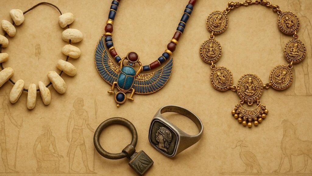 Who Invented Jewellery? A Fascinating Journey Through Time | Avvni The Store who invented jewellery, history of jewellery, jewellery origin history, Ancient jewellery pieces from Egyptian, Indian, Greek, and prehistoric eras displayed on aged parchment.