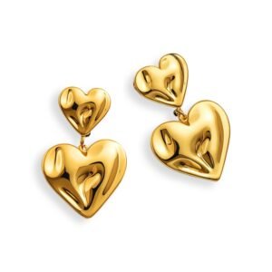 Gold Double Heart Anti Tarnish Earrings – 18K gold plated hammered drop design, waterproof stainless steel, lightweight, hypoallergenic, with push plug closure – Avvni The Store