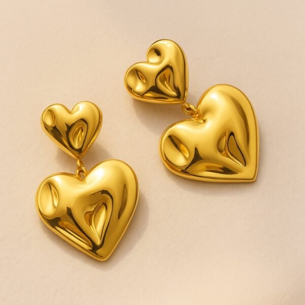 Gold Double Heart Anti Tarnish Earrings – 18K gold plated hammered drop design, waterproof stainless steel, lightweight, hypoallergenic, with push plug closure – Avvni The Store