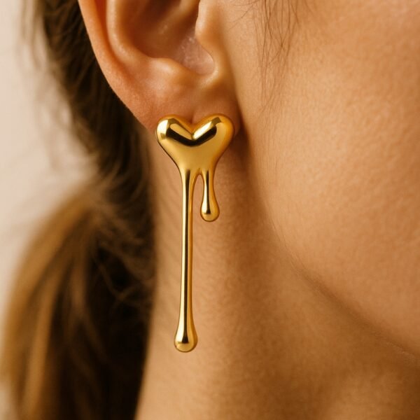 Gold Melted Heart Anti Tarnish Earrings, Gold Plated Melted Heart Anti Tarnish Earrings featuring a modern dripping heart design
