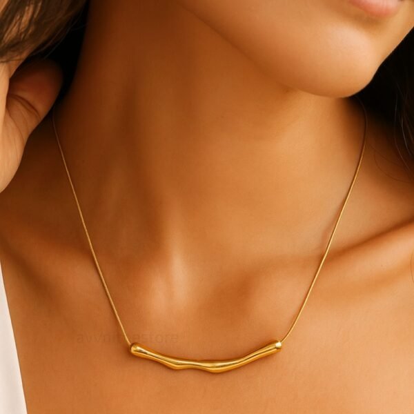 Gold Plated Wavy Bar Necklace, molten melted flow necklace, anti tarnish minimal necklace jewellery