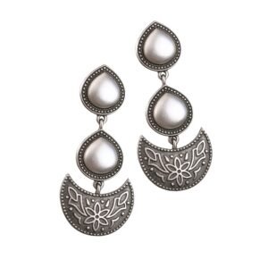 Flatlay of Tear Drop Moonlit Bloom Oxidised Earring — full front view, three-tier dangle.