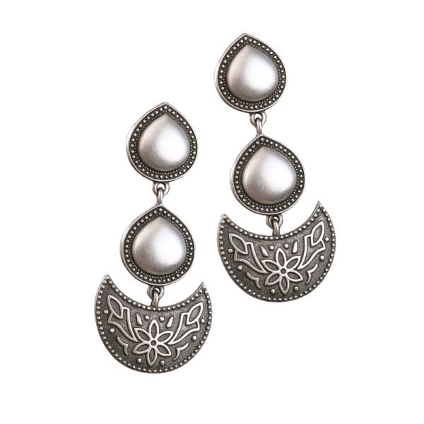 Flatlay of Tear Drop Moonlit Bloom Oxidised Earring — full front view, three-tier dangle.