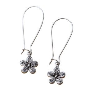 Avvni Flower Motif Oxidised Earrings by Avvni Jewellery, A pair of silver flower dangle earrings with long hooks displayed on white background. Avvni Flower Motif Oxidised Earrings