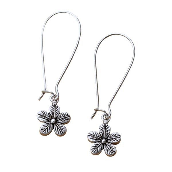 Avvni Flower Motif Oxidised Earrings by Avvni Jewellery, A pair of silver flower dangle earrings with long hooks displayed on white background. Avvni Flower Motif Oxidised Earrings
