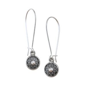 Oxidised Silver Flower Motif Dangle Earrings by Avvni Jewellery, A pair of silver flower dangle earrings with long hooks displayed on white background.