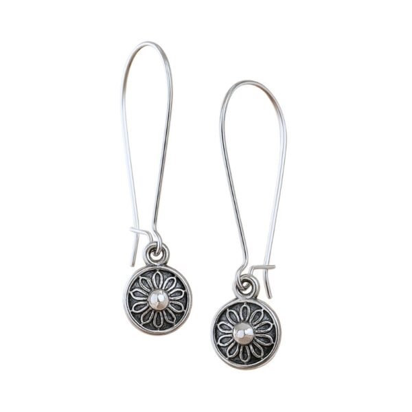 Oxidised Silver Flower Motif Dangle Earrings by Avvni Jewellery, A pair of silver flower dangle earrings with long hooks displayed on white background.