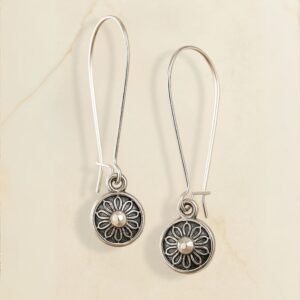 Avvni Flower Motif Silver Oxidised Earrings by Avvni Jewellery, A pair of silver flower dangle earrings with long hooks displayed on beige background.